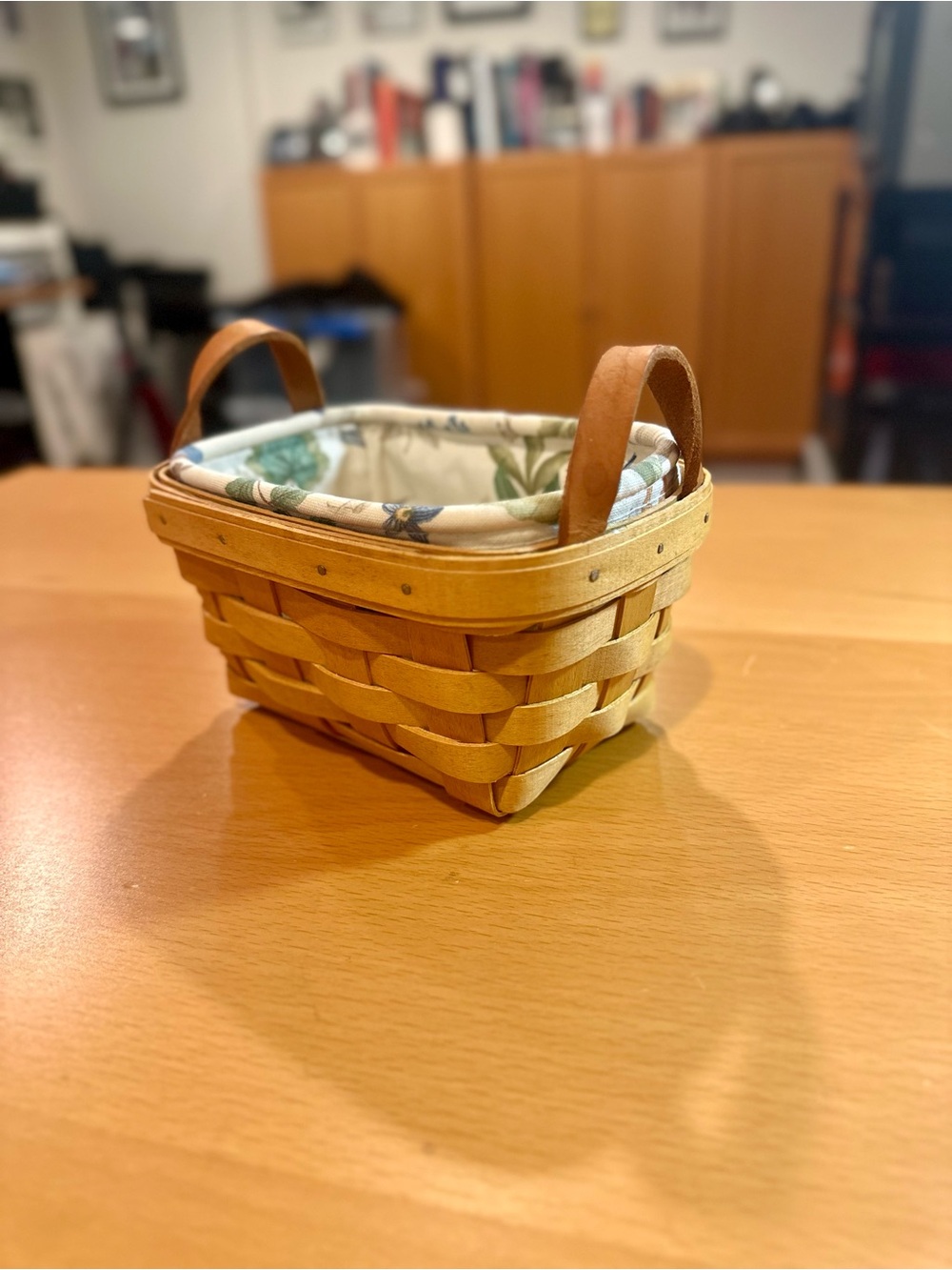 Longaberger Natural Woven Basket with Floral Liner and Brown Leather Handles